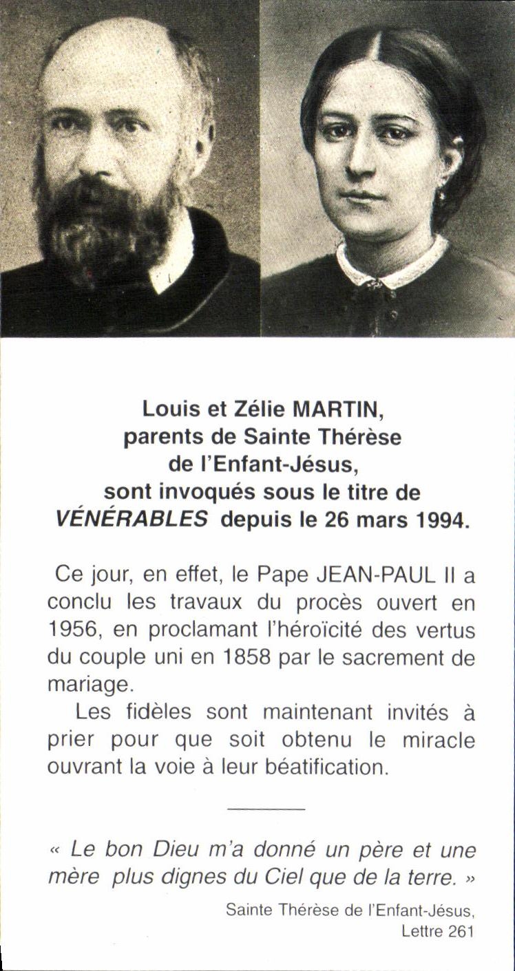 Petite fiche Louis et Zelle Martin parents de Sainte THerese de I'enfant Jesus