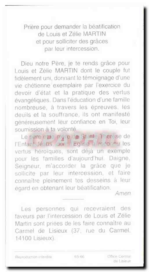 Petite fiche Louis et Zelle Martin parents de Sainte THerese de I'enfant Jesus — Verso