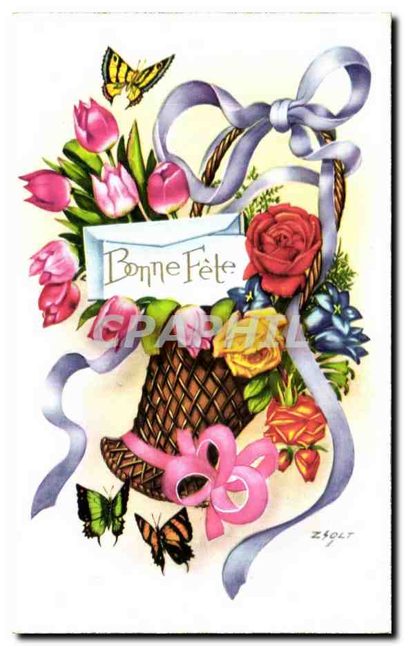 CPA Fantaise Fleurs Bonne Fete Papillon 