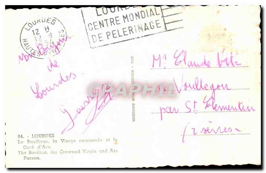 CPA Lourdes La Basilique la Vierge couronnee et le Cure d'Ars — Verso