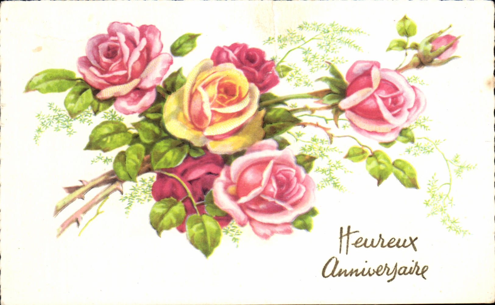 CPA Fantaisie Fleurs Roses Heureux Anniversaire