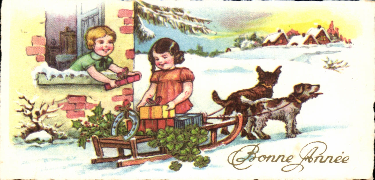 CPA Fantaisie Bonne Annee Chiens de traineau Enfants