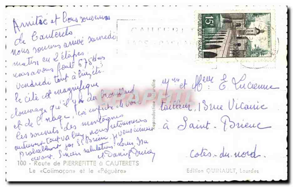 Route von Pierrefitte nach Cauterets — Der « Colimaçon » und der « Péguère » — Ausgabe Quinault, Lourdes — Rückseite