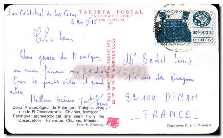 Palenque — vue depuis l'observatoire — TARJETA POSTAL VISTACOLOR, éditée par Foto V. Kramsky — Verso