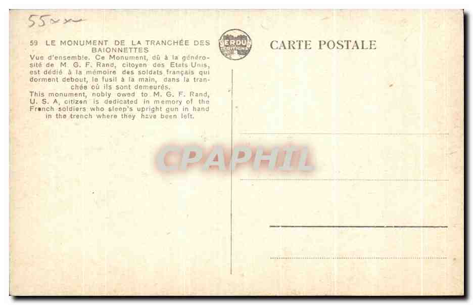 Monument de la Tranchée des Baionnettes — Verdon, France — éditeur Verdon, n° 59 — Verso