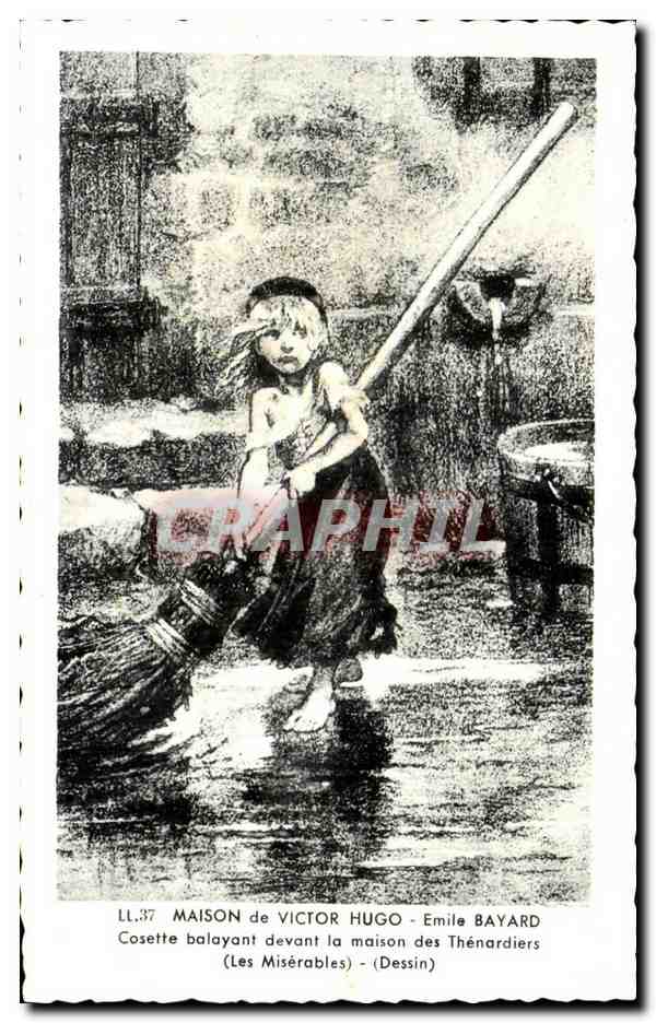 Cosette balayant devant la maison des Thénardiers — Les Misérables — Dessin d'Émile Bayard — LL.37