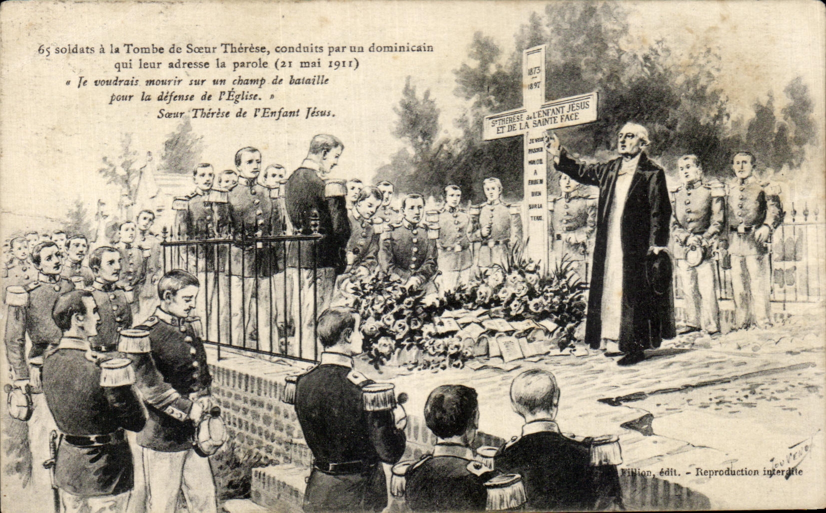65 soldats à la Tombe de Sœur Thérèse, conduits par un dominicain (21 mai 1911) — Fillion, édit.