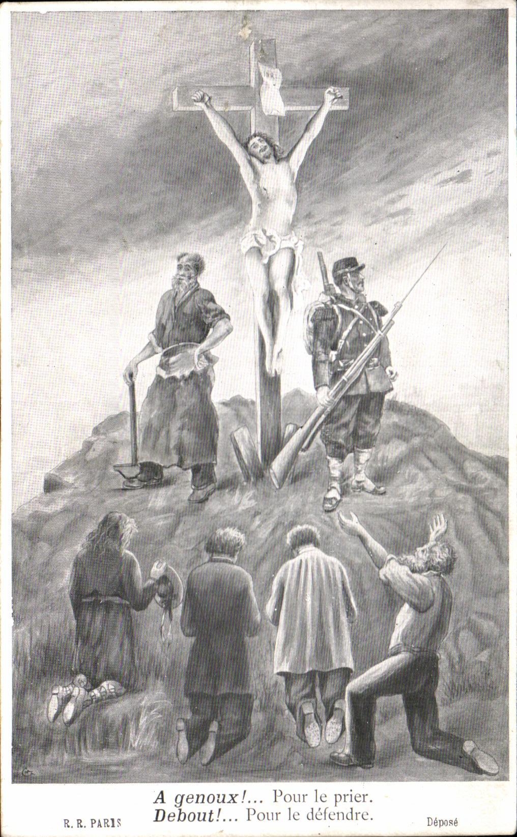 CPA A genoux Pour le prier Debout Pour le defendre Christ Militaria 