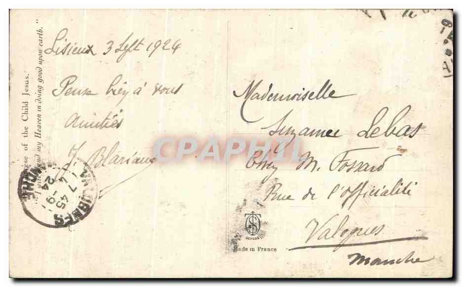 CPA La B se Therese De l'Enfant Jesus Je veux passer mon ciel a Jaure du bien sur la terre — Rückseite