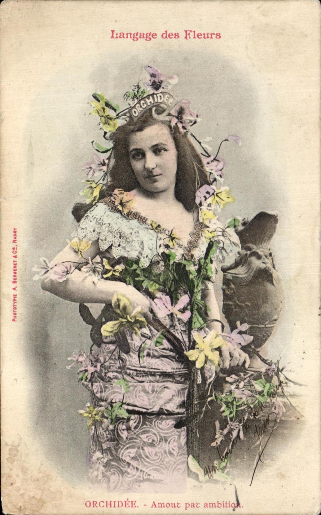 CPA Fantaisie Femme Langage des Fleurs Orchidee Amout Pat ambition