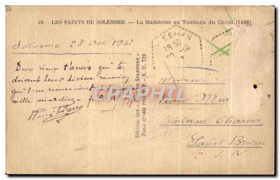 CPA Les Saints De Solesmes La Madeleine au Tombeau du Christ — Verso
