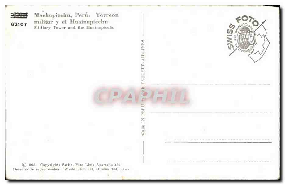 CPA Machupicehu Peru Torreon Militar y el Huainapicehu — Rückseite