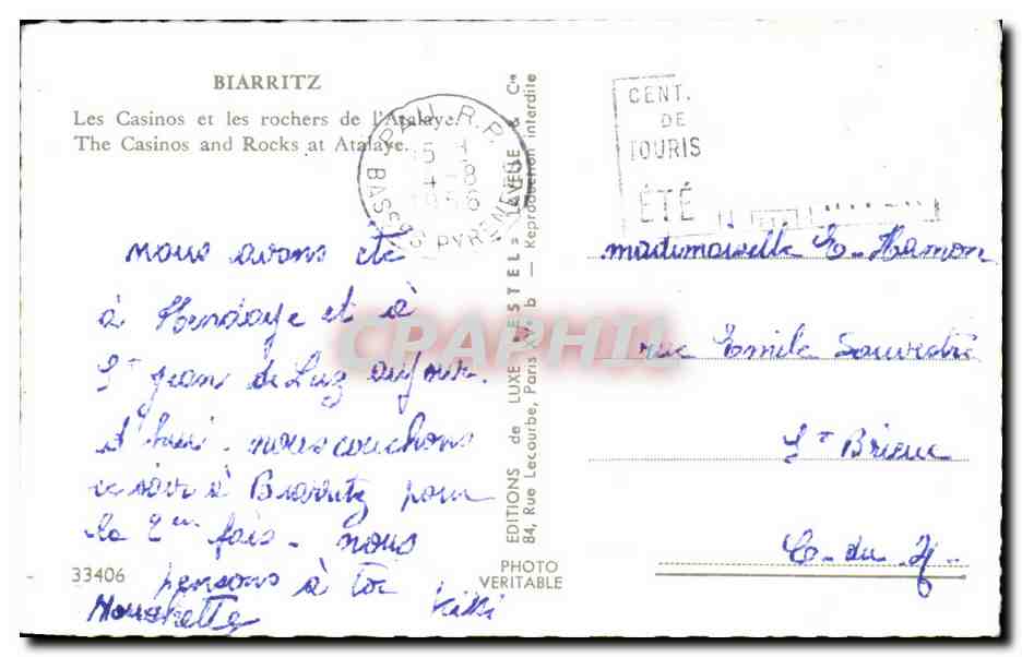 CPA Biarritz Les casinos et les rochers de l'atalaye  — Verso
