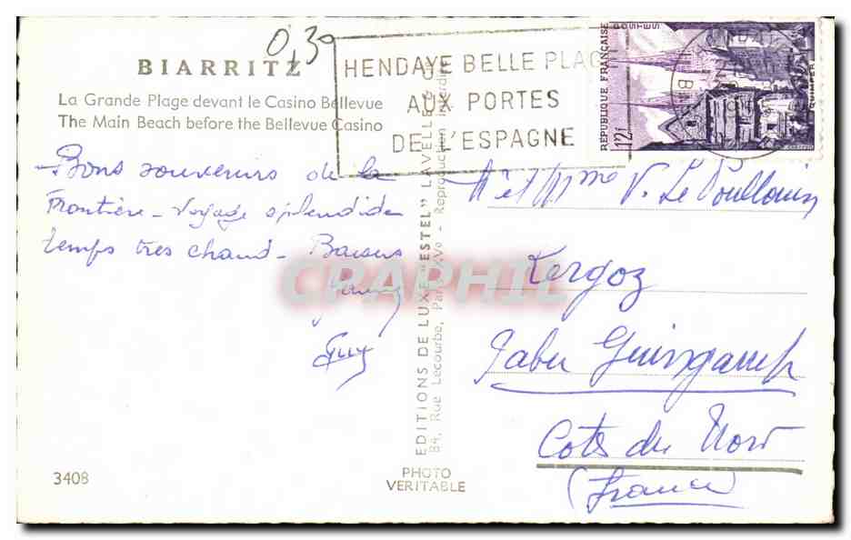 CPA Biarritz La Grande Plage devant le Casino Bellevue The Mani Beach Before t5he Bellevue Casino — Verso