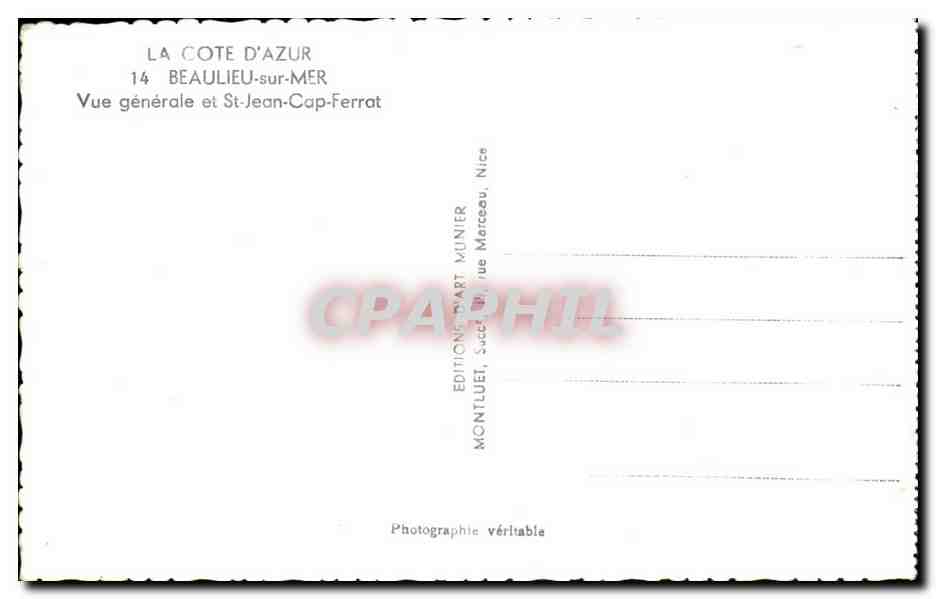 CPA Beaulieu sur Mer Vue generale et St Jean Cap Ferrat — Rückseite