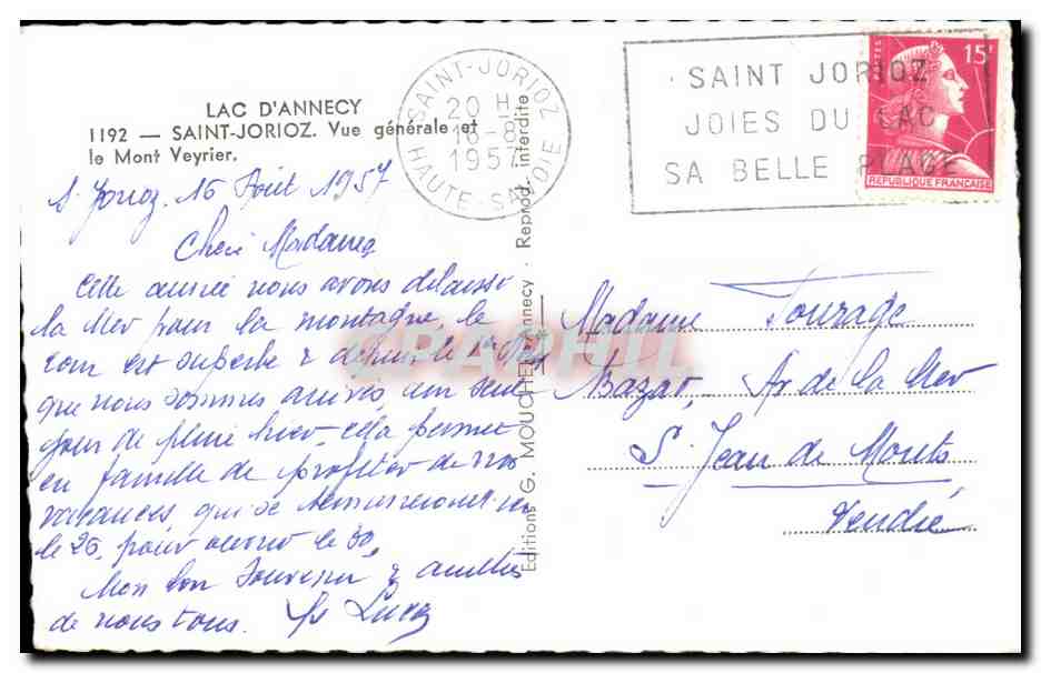 Lac d'Annecy — Vue générale et le Mont Veyrier — Éditions G. Mouchet, Saint-Jorioz — Verso