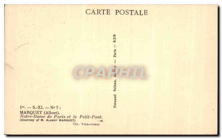 CPA Marquet Notre Dame de Paris et le Petit Pont — Verso