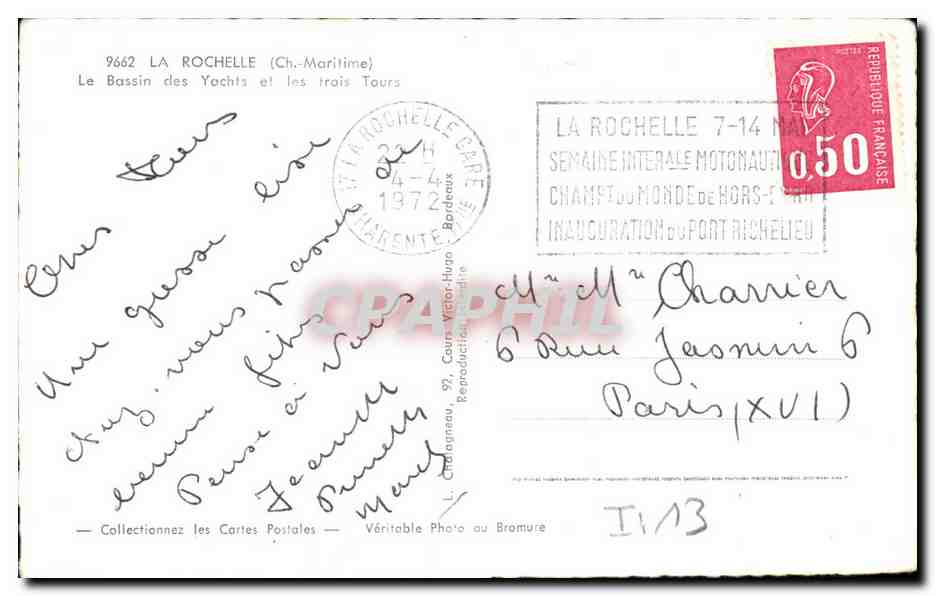 La Rochelle — Le Bassin des Yachts et les trois Tours — Éditeur Elcé — Verso