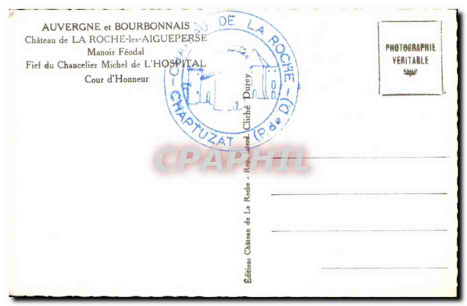 Château de La Roche-lès-Aigueperse — Auvergne et Bourbonnais — Éditions Durey — Verso