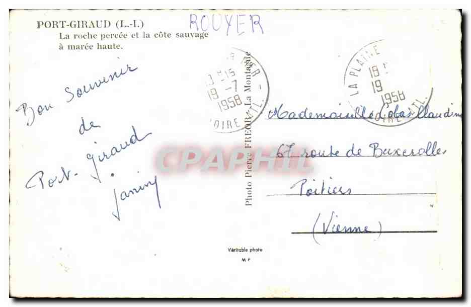 CPA Port Giraud La Roche percee et la cote Sauvage a marree haute — Rückseite