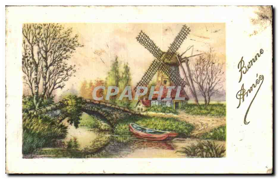 Moulin à vent — paysage rural avec pont et barque — éditeur non identifié