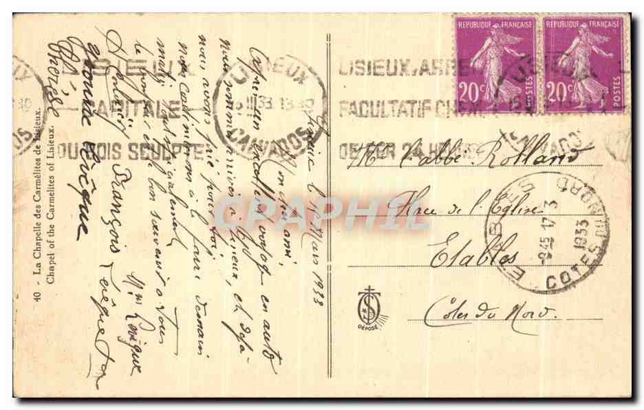 Intérieur de la chapelle des Carmélites de Lisieux — éditeur inconnu, n°40 — Verso