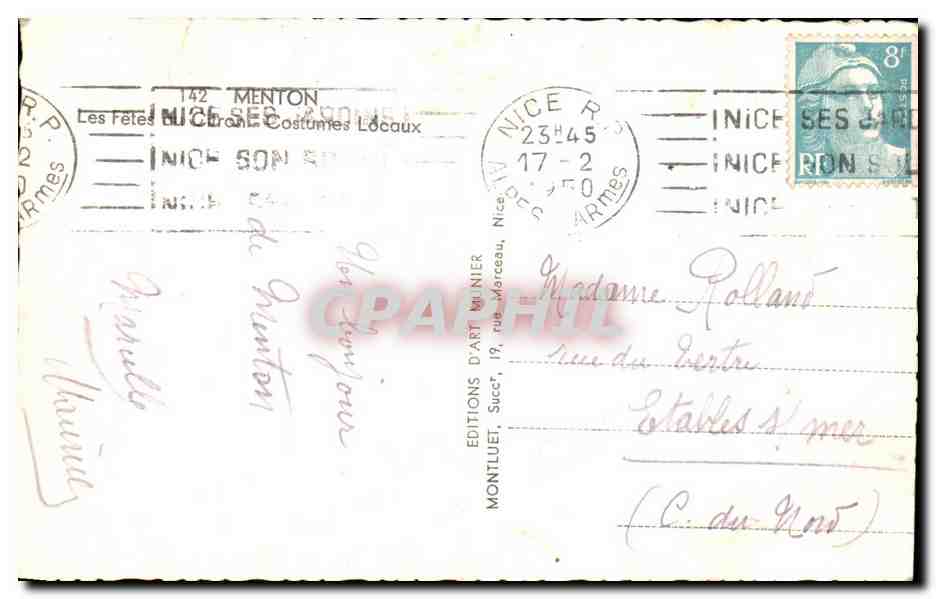 CPA Menton les fetes costumes locaux d'art Folklore Costume — Verso