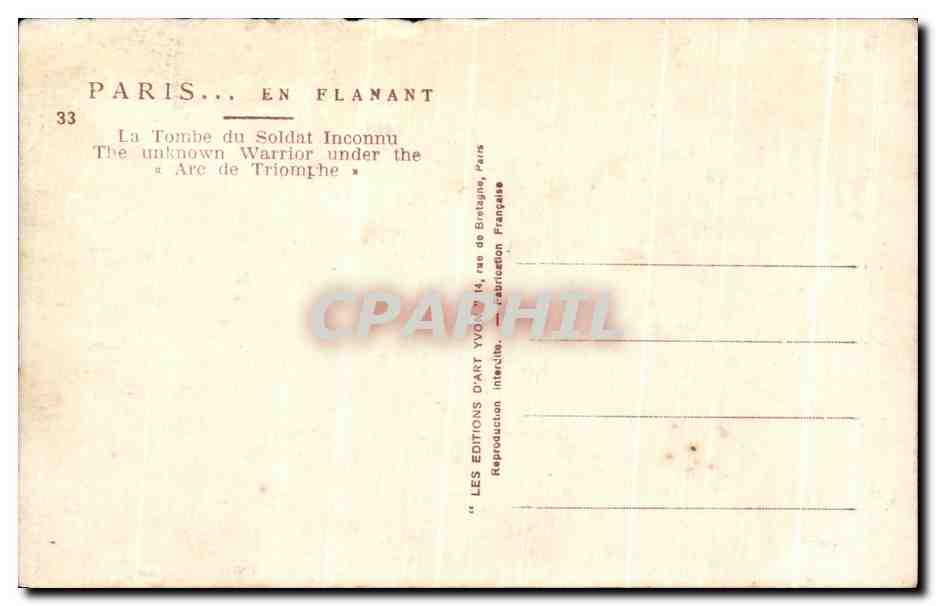CPA La Tombe du Soldat Inconnu The Unknown Warrior under the Are de Triomphe Paris  — Verso