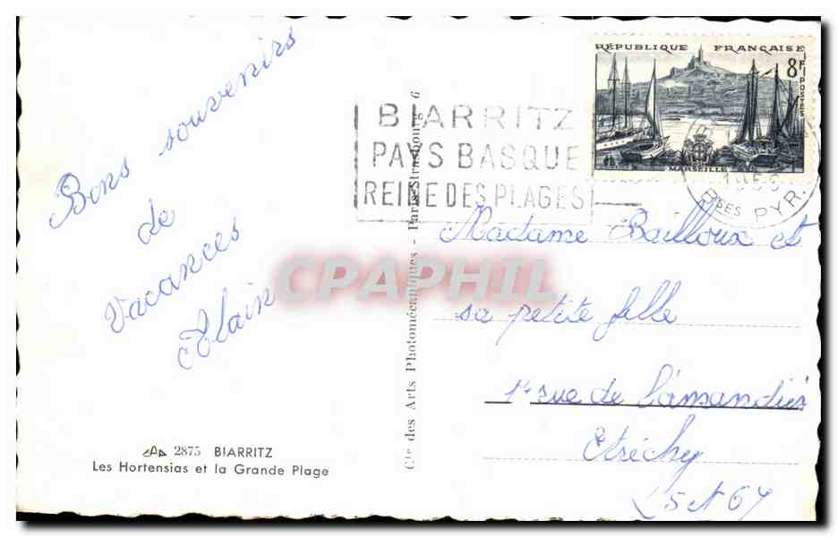 CPA Biarritz Les Hortensias et la Grande Plage — Verso
