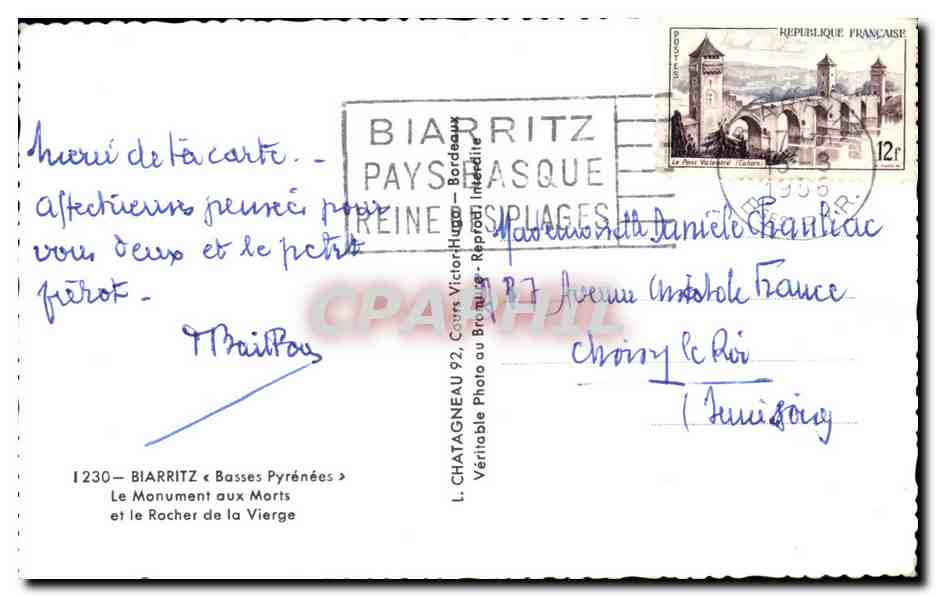 CPA Biarritz Basses Pyrenees Le Monument aux Morts et le Rocher de la Vierge — Verso