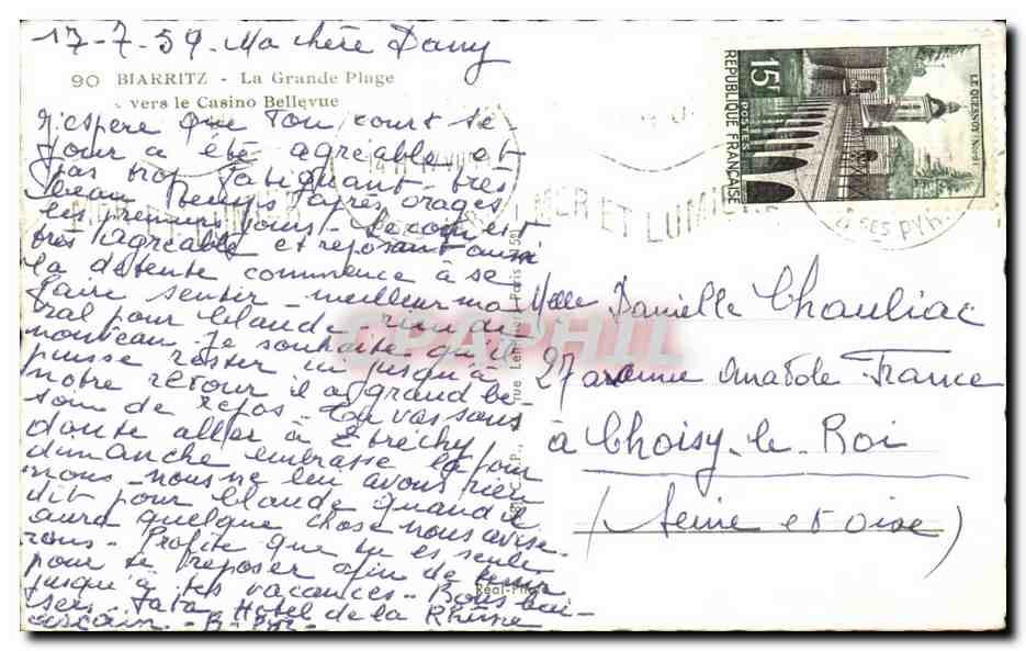 CPA Biarritz la grande plage vers le casino bellevue — Verso