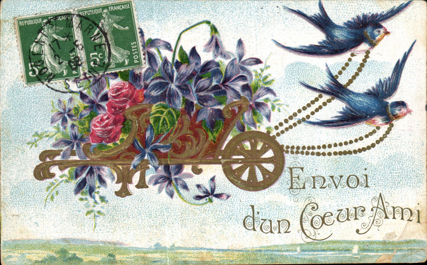 CPA Fantaisie Fleurs Envoi d'un coeur ami Hirondelles