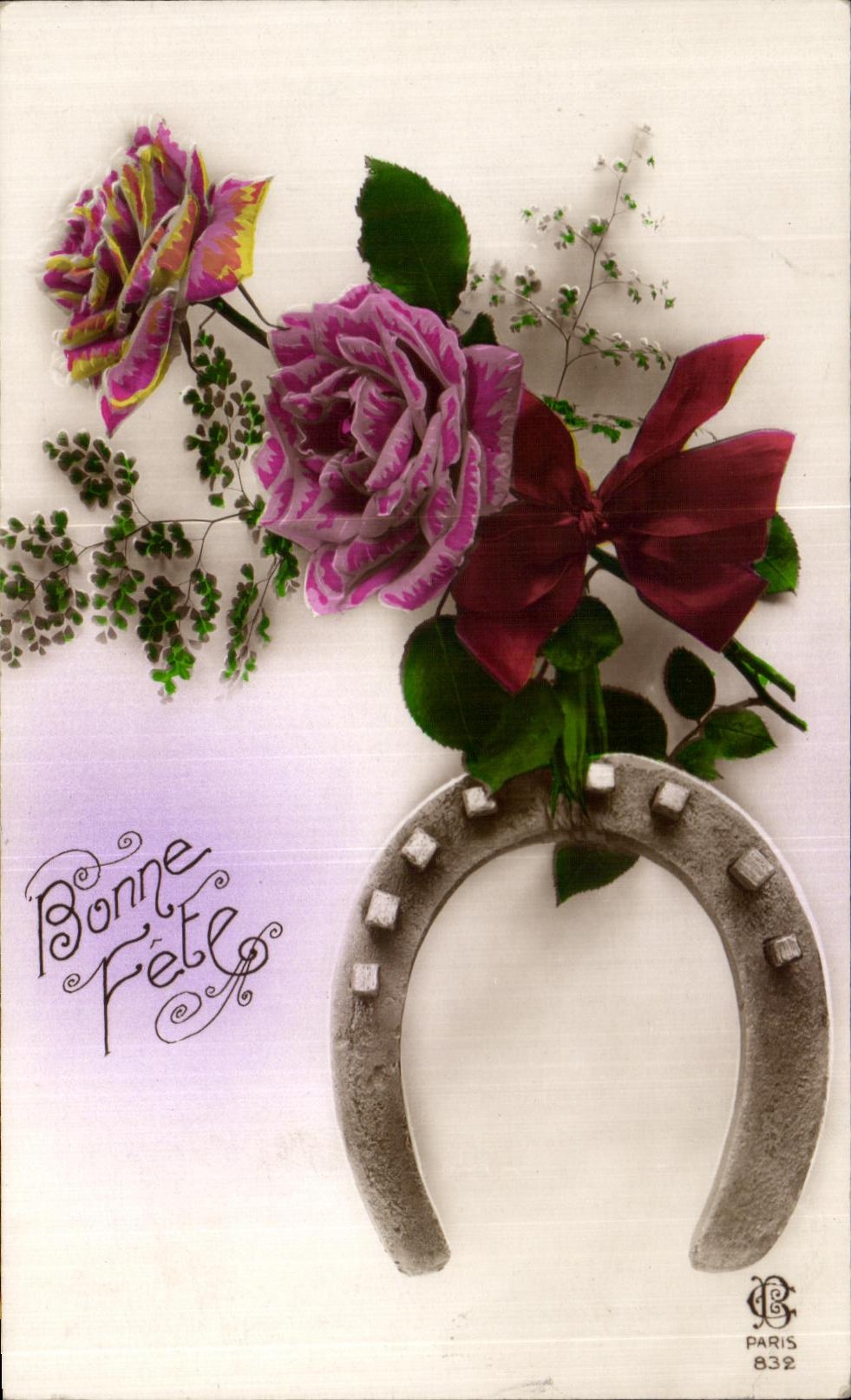 CPA Fantaisie Fleurs Bonne fete Fer a cheval