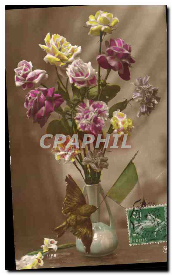CPA Fantaisie Fleurs Oiseau