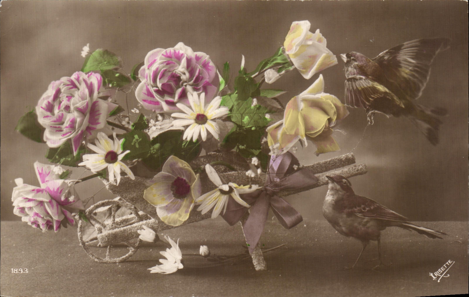 CPA Fantaisie Fleurs Oiseaux 