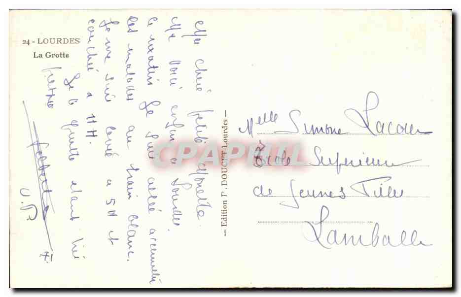 Lourdes — La Grotte — Édition P. DOUCET Lourdes n°24 — Verso