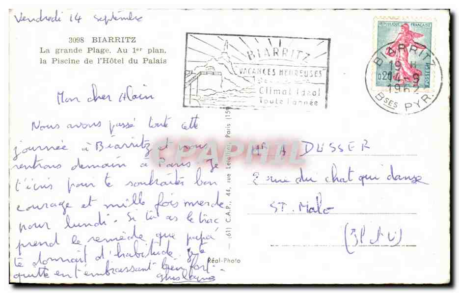 CPA Biarritz La Grande Plage Au 1er plan la Piscine de I'Hotel du Palais — Rückseite