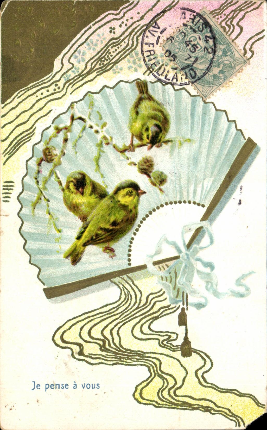 CPA Fantaisie Oiseaux Eventail Je Pense a Vous