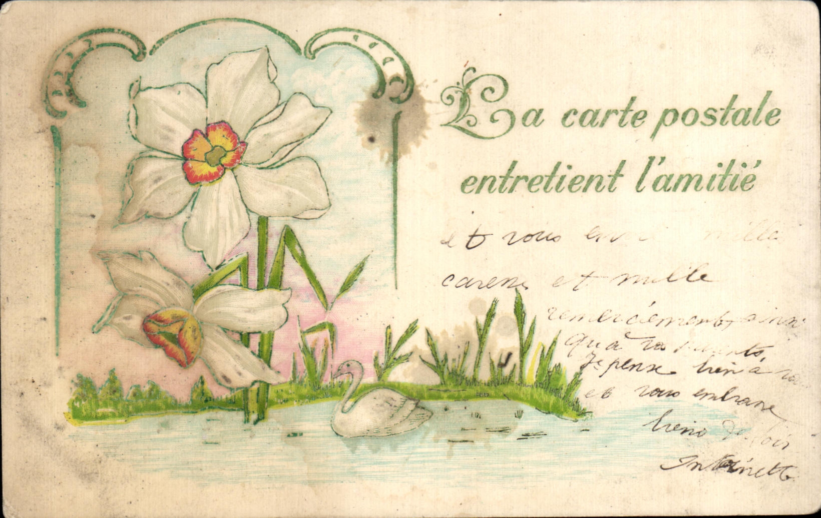 CPA Fantaisie Fleurs Cygne 
