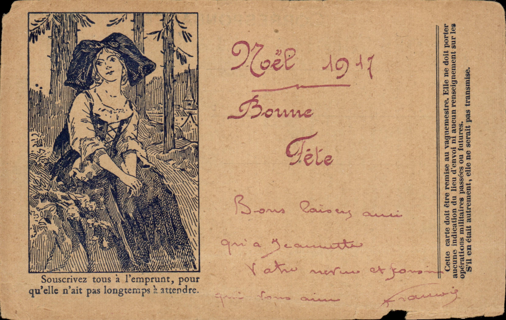Femme en forêt — carte postale militaire de Noël 1917 — Correspondance des Armées de la République