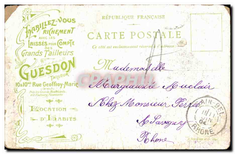 CPA Fantaisie Femme Fidelite Publicite Guesdon TAilleurs Rue Geoffroy Marie  — Back