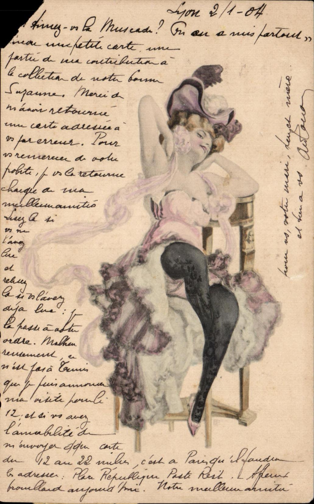 Femme en robe rose et chapeau violet — éditeur M. M. Vienne, n° 105