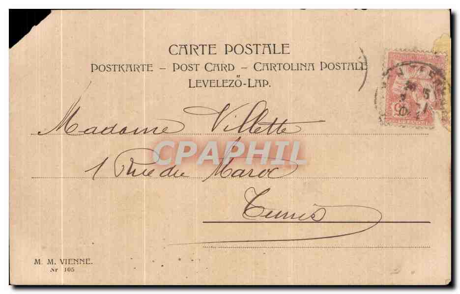 Femme en robe rose et chapeau violet — éditeur M. M. Vienne, n° 105 — Verso