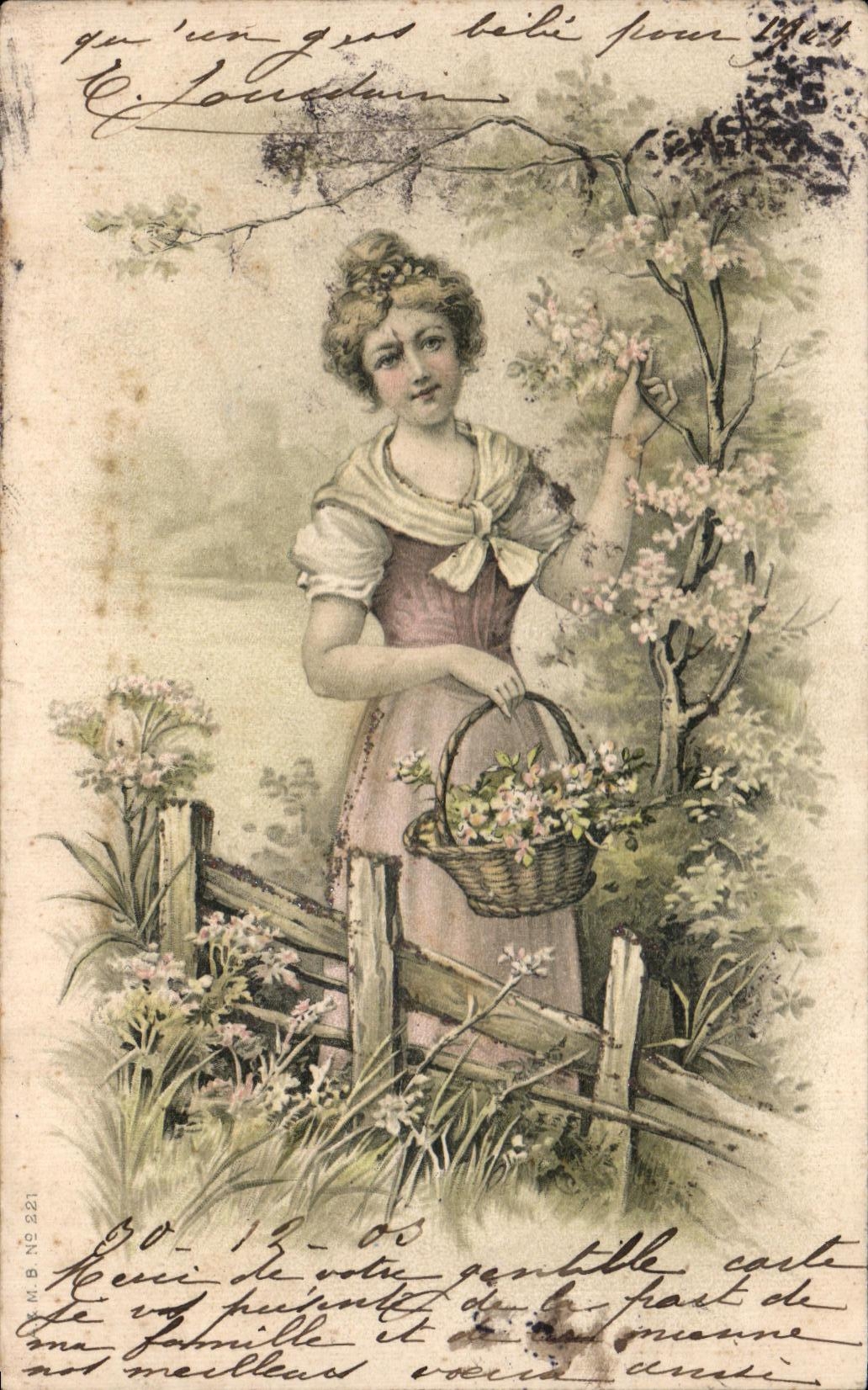 Jeune fille cueillant des fleurs — scène de printemps — éditeur J. Guichard & L. Jourdain, n° 221
