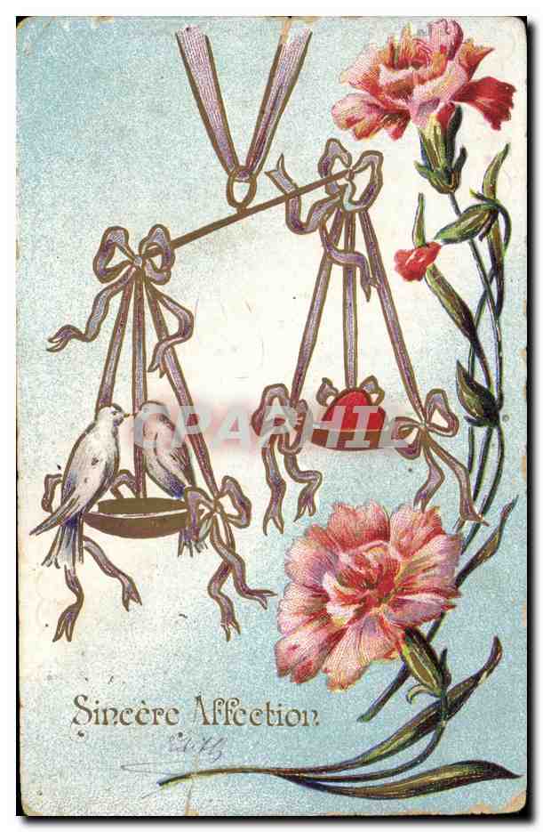 CPA fantaisie Fleurs Balance Colombes oiseaux 