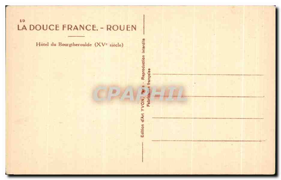 CPA La Douce France Rouen Hotel du Bourgtheroulde — Verso