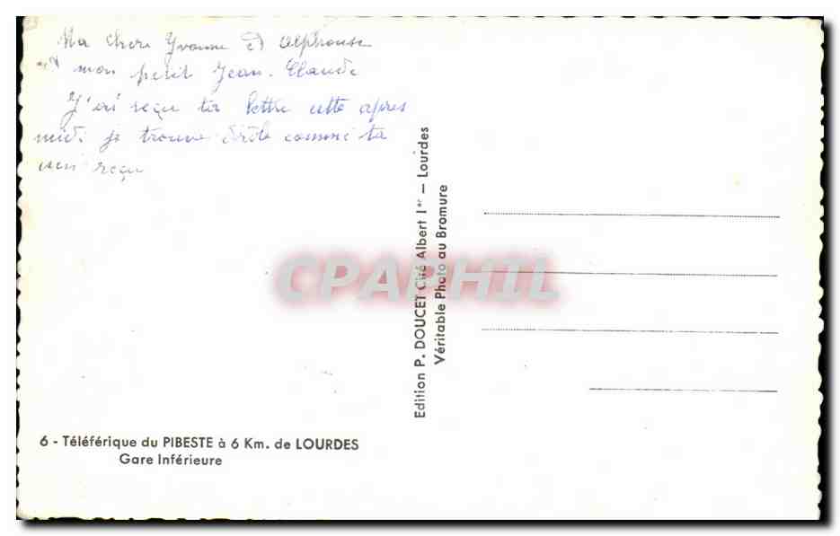 CPA Teleferique du Pibeste de Lourdes Gare — Verso