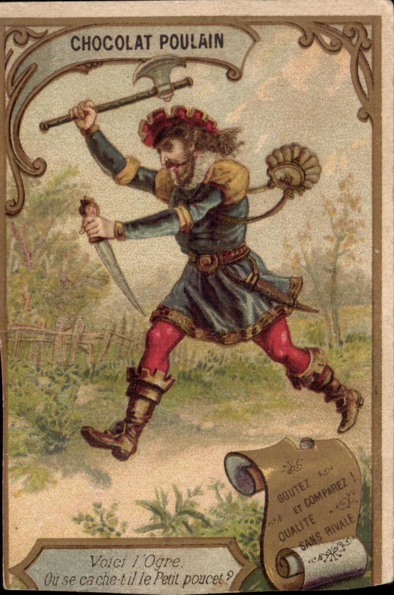 Chromo Voici I'Ogre Ou se cache til le Petit poucet Chocolat Meunier Conte Fable Perrault 