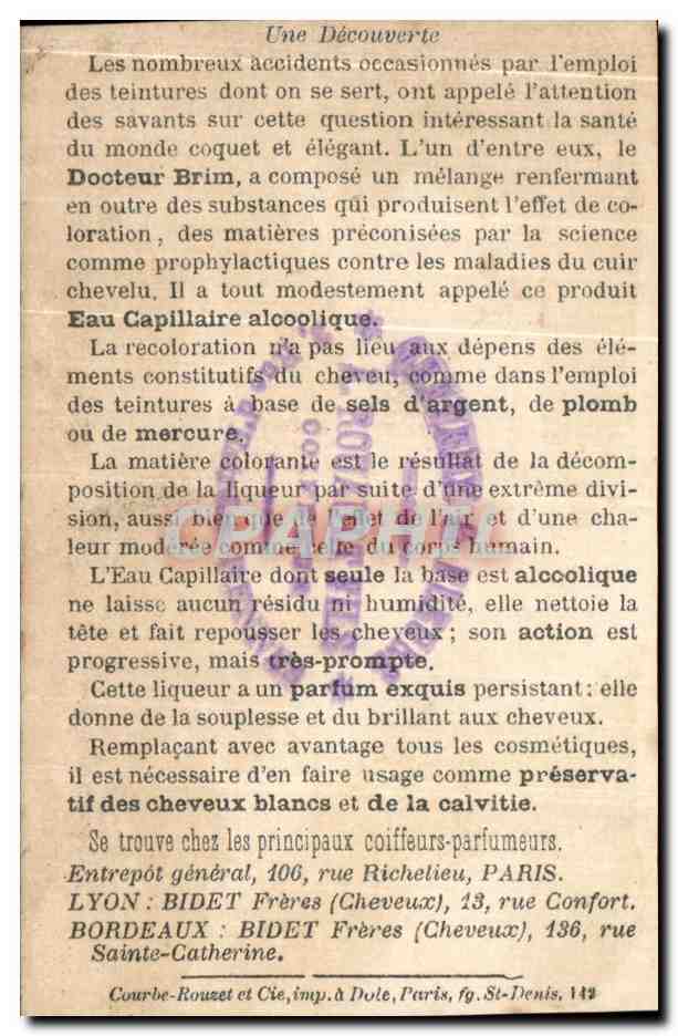 Chromo Eau capillaire du docteur Brim Enfants Cirque circus  — Verso