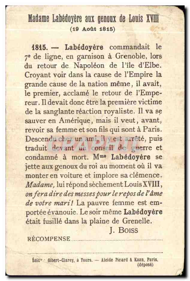 Image Madame Labedoyere aux genoux de Louis XVIII Grenoble Napoleon — Verso